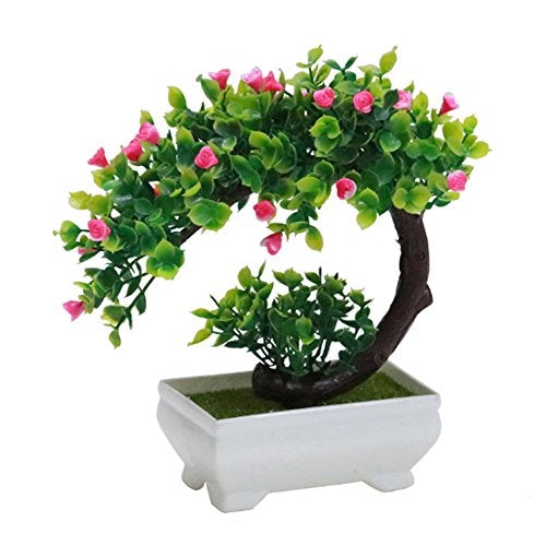 Artificial Bonsai Tree Faux Potted Plant with White Pot - Mini - 8 Inch Tall(Rose Red)