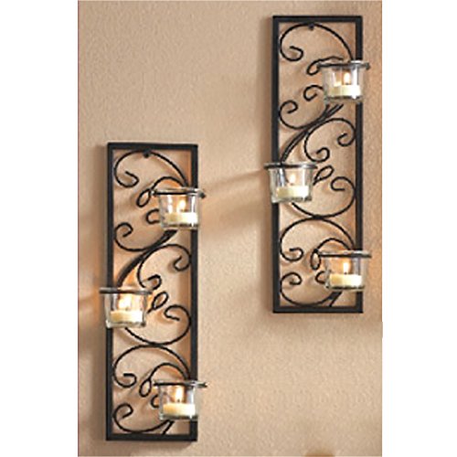 Set of Two 13.75 Inch High Black Iron Tealight Wall Sconce