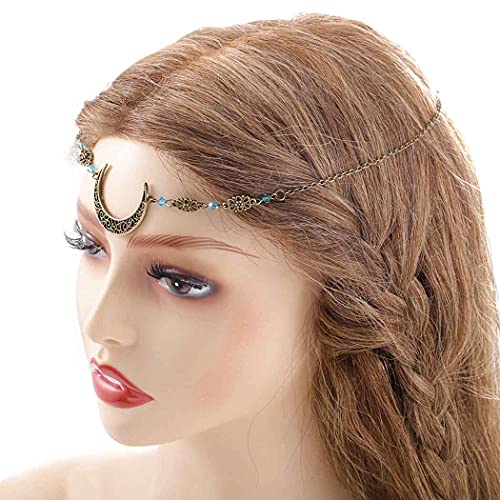 Boho Crescent Moon Head Chains Vintage Headpieces w/ Crystal Hair Chain