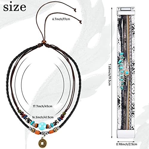 Women Bohemian Necklace, Braided Leather Wristbands Bracelets & Earring Set