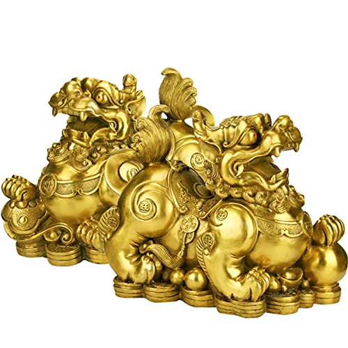 Set of 2 Feng Shui pixiu/pi yao Statue Figurine Attract Good Luck Wealth Decoration Sculpture Golden