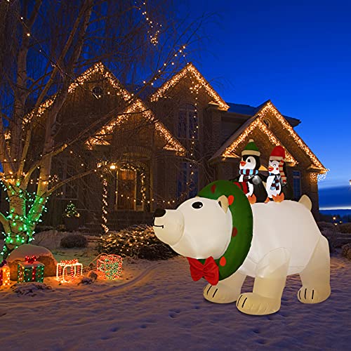 8FT Christmas Inflatable Polar Bear w/ Penguin & LEDs