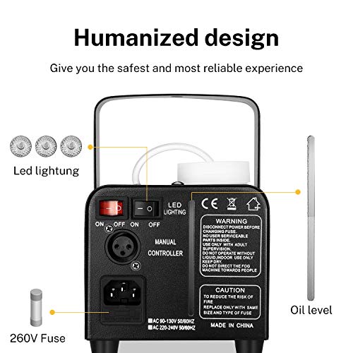 Fog Machine w/ RGB LED lights, w/ Wireless & Wired Remote Control for Parties