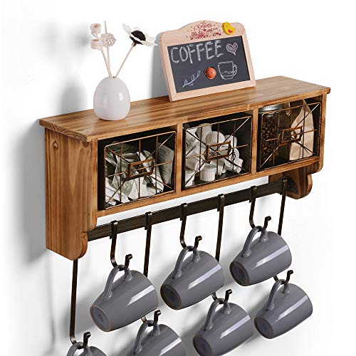 Rustic Wall Shelf with Hooks & Baskets