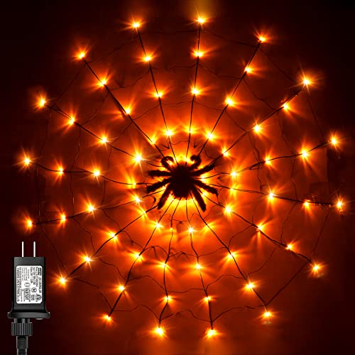 3.9FT Diameter 80 LED Halloween Spider Web Lights w/ Black Spider