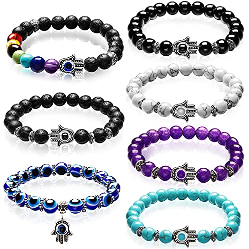 7 Pieces Evil Eye Chakras Gemstone Lava Stone Hamsa Hand Beaded Bracelet Bundle Deal