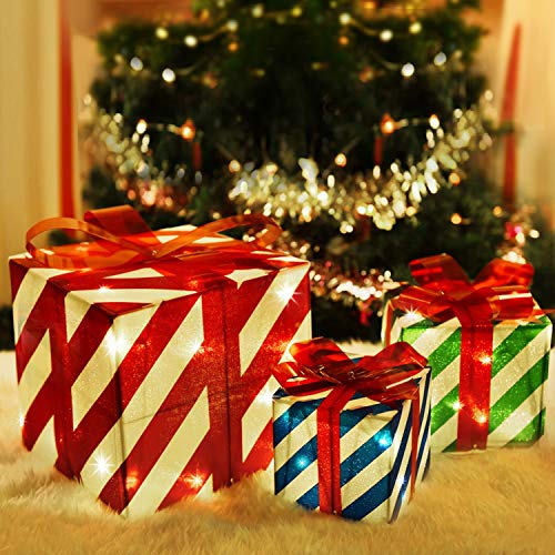 Set of 3 Lighted Christmas Gift Box Decorations, Red Green and Blue Lit Present Boxes Décor (80 Lights)