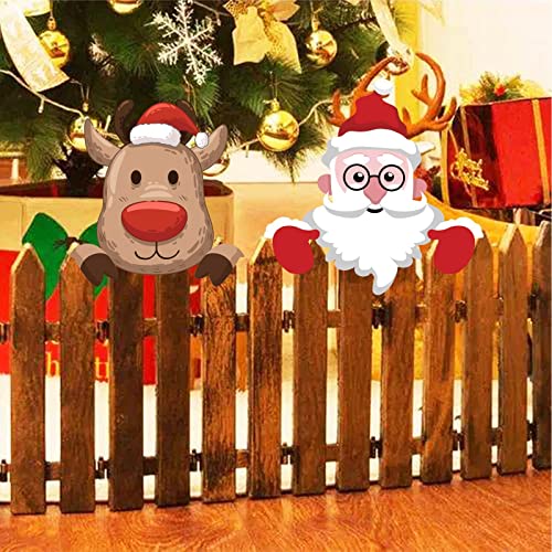 2 Pieces Christmas Fence Peeker Decoration - Santa Claus and Elk Peeking Garden Yard Decor