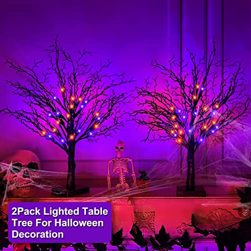 2 Pack 24" Orange Purple Halloween Lighted Tree Decorations w/ Timer