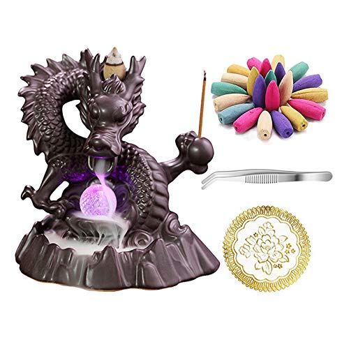 Antique Dragon Backflow Incense Burner Aromatherapy + 20 Upgraded Incense Cones Bundle (LED Dragon)