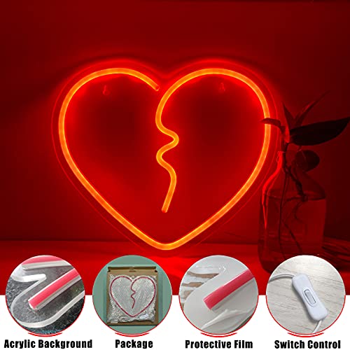 Broken Heart Neon Lights for Bedroom Wall Sign Decoration USB-Powered 14x12 Inch