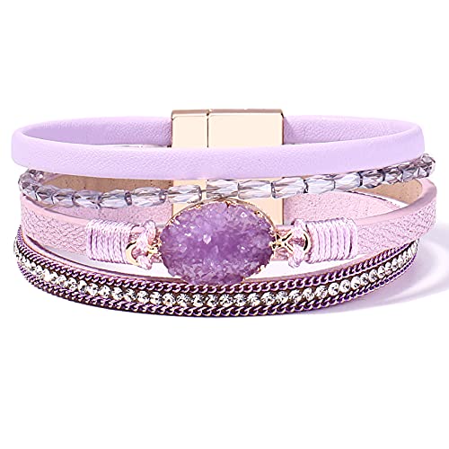 leather Wrap Bracelet Boho Cuff Bracelets Crystal Bead Bracelet with Magnetic Clasp