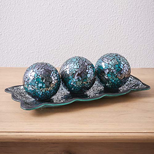 12.4” Mosaic Glass Decorative Tray Dish Plate w/ 3pcs 3" Decorative Orbs