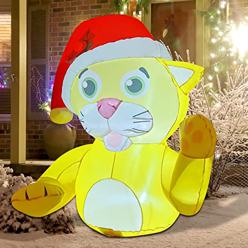 4.2 FT Christmas Inflatables Yellow Cat Wears Christmas Hat w/ LEDS