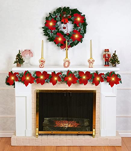 6.5 Feet Pre-Lit Velvet Artificial Poinsettia Christmas Garland with Lights & Red Berries Christmas Decor