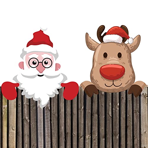 2 Pieces Christmas Fence Peeker Decoration - Santa Claus and Elk Peeking Garden Yard Decor