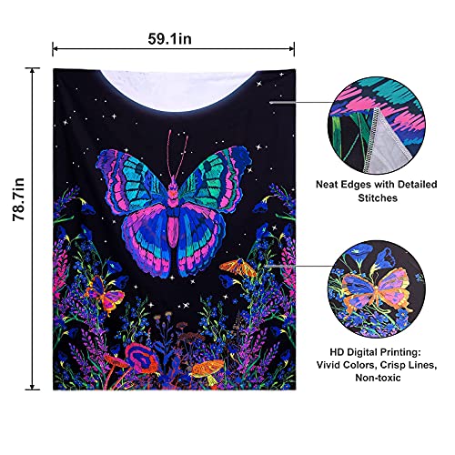 Butterfly Floral Tapestry, Moonlit Garden Wall Blacklight Home Decoration