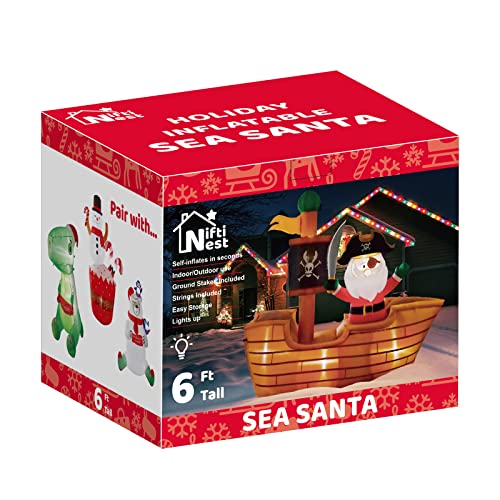 6-Ft Christmas Pirate Santa on A Wooden Flag Inflatable Ship w/ Built-in LED Lights