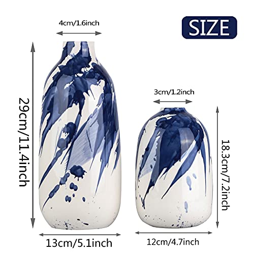 Oriental Blue & White Ceramic Vase Set of 2, Glazed Vases for Home Decoration, 7.2″ & 11.4″ Tall