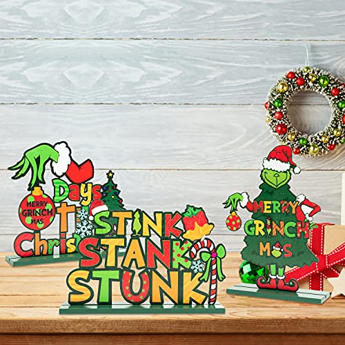 3 Pcs Green Grinch Christmas Monster Wooden Table Decorations