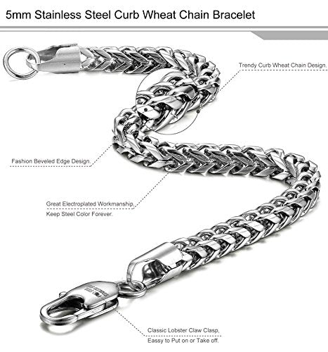 Stainless Steel Wheat Chain Necklace for Men Women Set 5mm in Width, 22" 8.5"