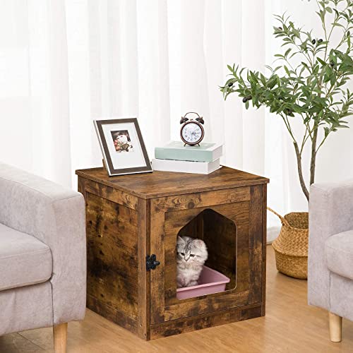 Hidden Cat Litter Box Enclosure w/ Door,Rustic Brown