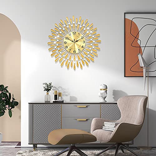 Modern Silent Large Wall Clocks-  Non-Ticking 24 Inch Round Crystal Gold Clocks
