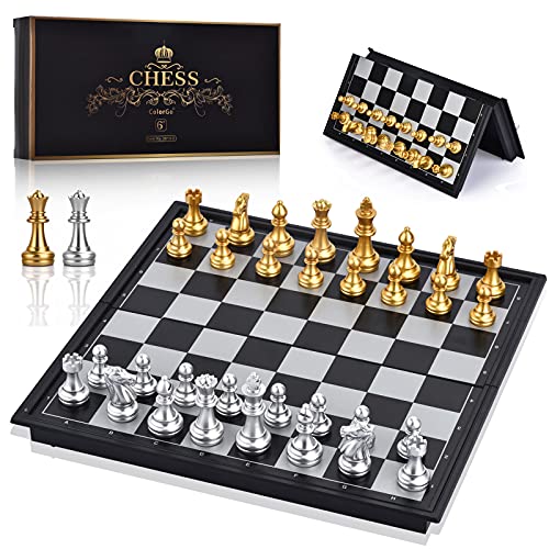 Magnetic Travel Chess Set with Folding Games Board and 2 Extra Queens & Storage Bag for Kids and Adults