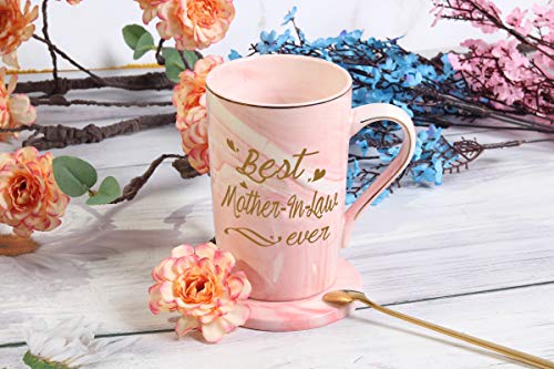 Best Mother In Law Coffee Mug Best 14 Ounce Pink w/ Gift Box Spoon Coaster