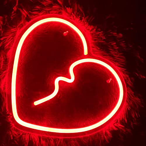 Broken Heart Neon Lights for Bedroom Wall Sign Decoration USB-Powered 14x12 Inch