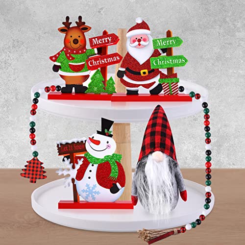 5 Pcs Christmas Tiered Tray Decoration Set Including Gnomes Plush Doll 3 Wood Sign Decorations