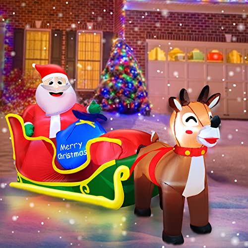 8 Foot Long Inflatable  Reindeer Pull The Sleigh Decoration w/  LEDs