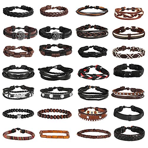 28Pcs Braided Leather Bracelet for Men Women Wooden Beaded Cuff Wrap