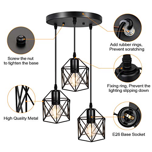 Industrial 3 Pendant Lighting, Adjustable Hanging Light Fixtures w/ Metal Caged E26 Base, Black