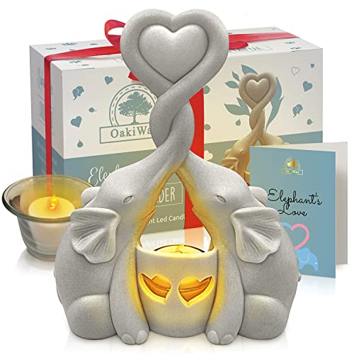 Elephants Love Candle Holder Statue W/ Flickering LED Candle