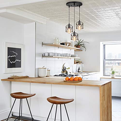 Industrial 3 Pendant Lighting, Adjustable Hanging Light Fixtures w/ Metal Caged E26 Base, Black