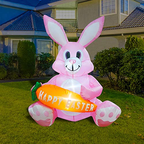 4ft Inflatable Easter Decoration Cute Pink Bunny Holding Carrot w/ LED