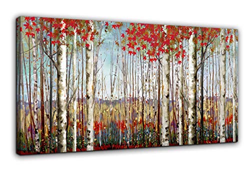 Canvas Wall Art Modern Decoration- Red Leaves White Birch Tree Forest 24x48 Inch