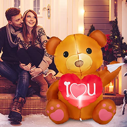 4 FT Valentines Day Inflatable Outdoor Decorations, Teddy Bear w/ Build-in LED Lights