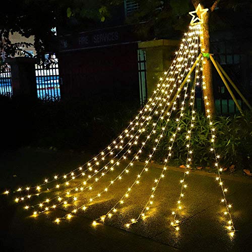 Christmas Star String Lights 317 LED  Waterproof String Lights with Star Topper, 8 Lighting Modes Waterfall Lights for Tree Decor