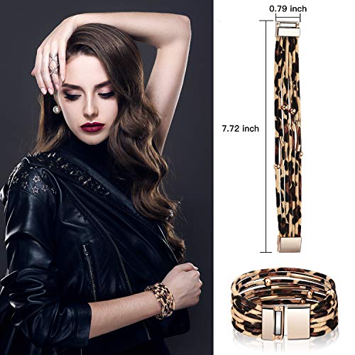 4 Pieces Women Leopard Jewelry Set French Beret Hat Leopard Leather Bracelet Earring Necklace