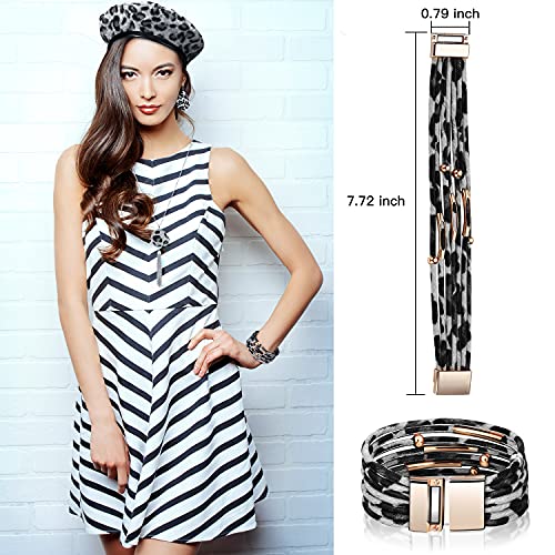 4 Pieces Women Leopard Jewelry Set French Beret Hat Leopard Leather Bracelet Earring Necklace