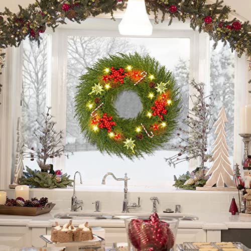Pre-lit Christmas Wreath Decoration for Front Door w/ Hanger 18" Battery Operated