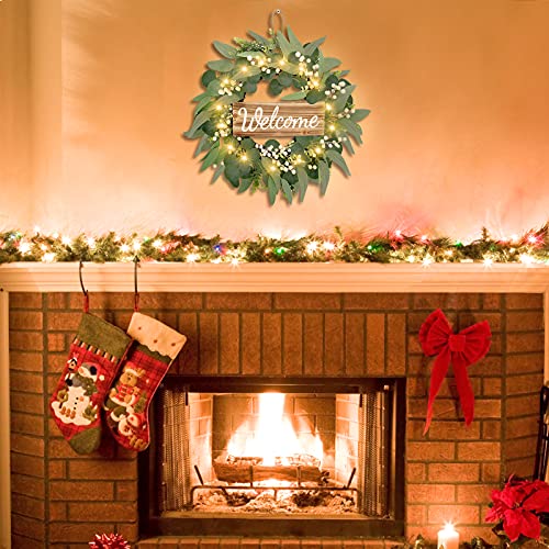 25.19 inches Artificial Eucalyptus Wreath, Front Porch Decor with Light and Welcome Sign