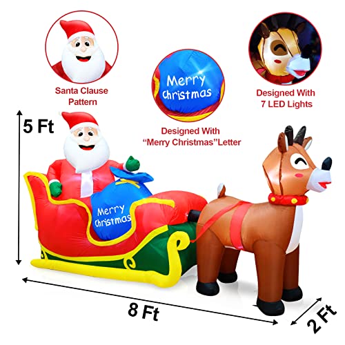 8 Foot Long Inflatable  Reindeer Pull The Sleigh Decoration w/  LEDs