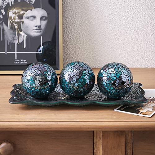 12.4” Mosaic Glass Decorative Tray Dish Plate w/ 3pcs 3" Decorative Orbs