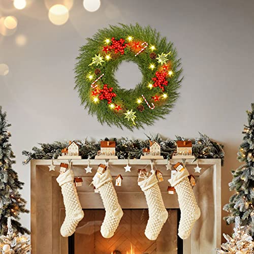 Pre-lit Christmas Wreath Decoration for Front Door w/ Hanger 18" Battery Operated