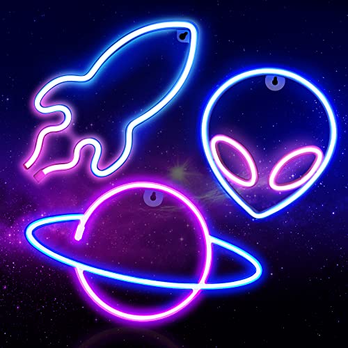 3Pcs Neon Signs, Alien Planet Rocket Led Neon Light Wall Decoration -USB  or Battery Powered
