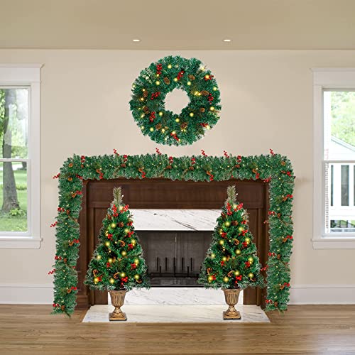 Christmas Decorations 4Piece Set, Pre-Lit Artificial Entrance Trees Set of 2, Wreath & Garlands