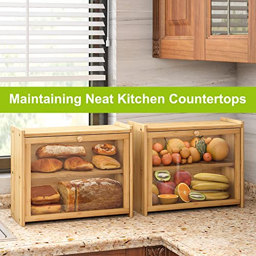 Large Bamboo Bread Box For Kitchen Counter -Double Layer